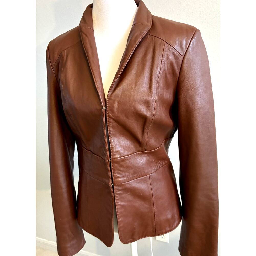 Leather Brown Jacket Blazer Quiet Luxury Minimalist Retro Chic Classic Shiny L